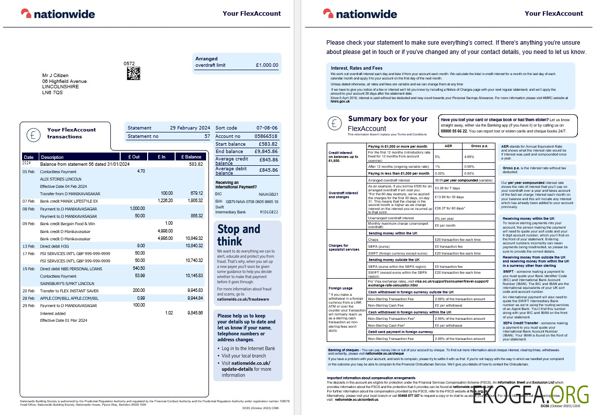 Modèle de relevé bancaire national du Royaume Uni, version actuelle, 2 pages